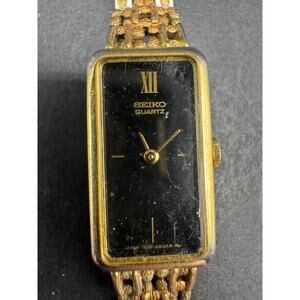 Seiko Women 1320-5249 Dress Black Dial Gold Tone Rectangle Quartz 13mm Watch